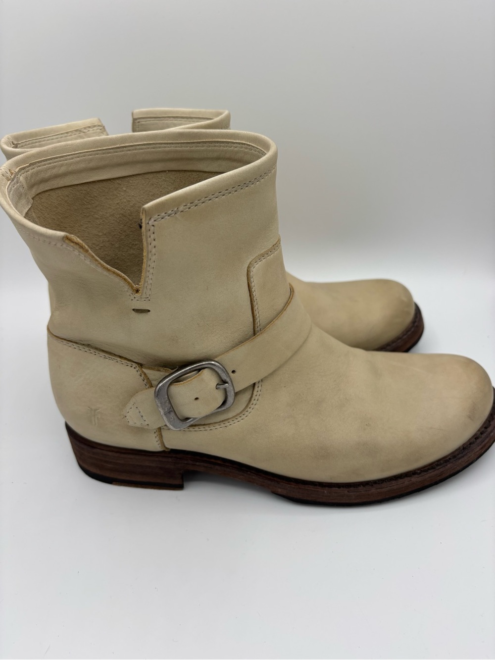 Frye “Veronica” Cream Leather Buckle Ankle Boots